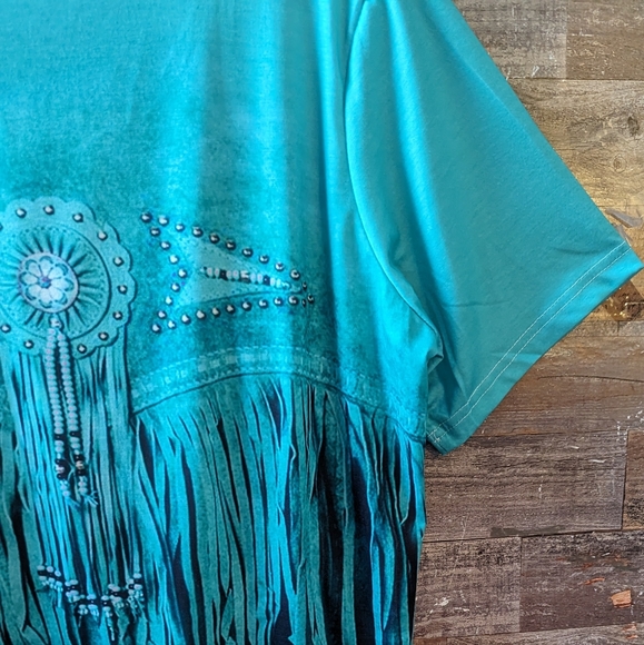 New Turquoise Green Faux Fringe Look Tee - Picture 14 of 15